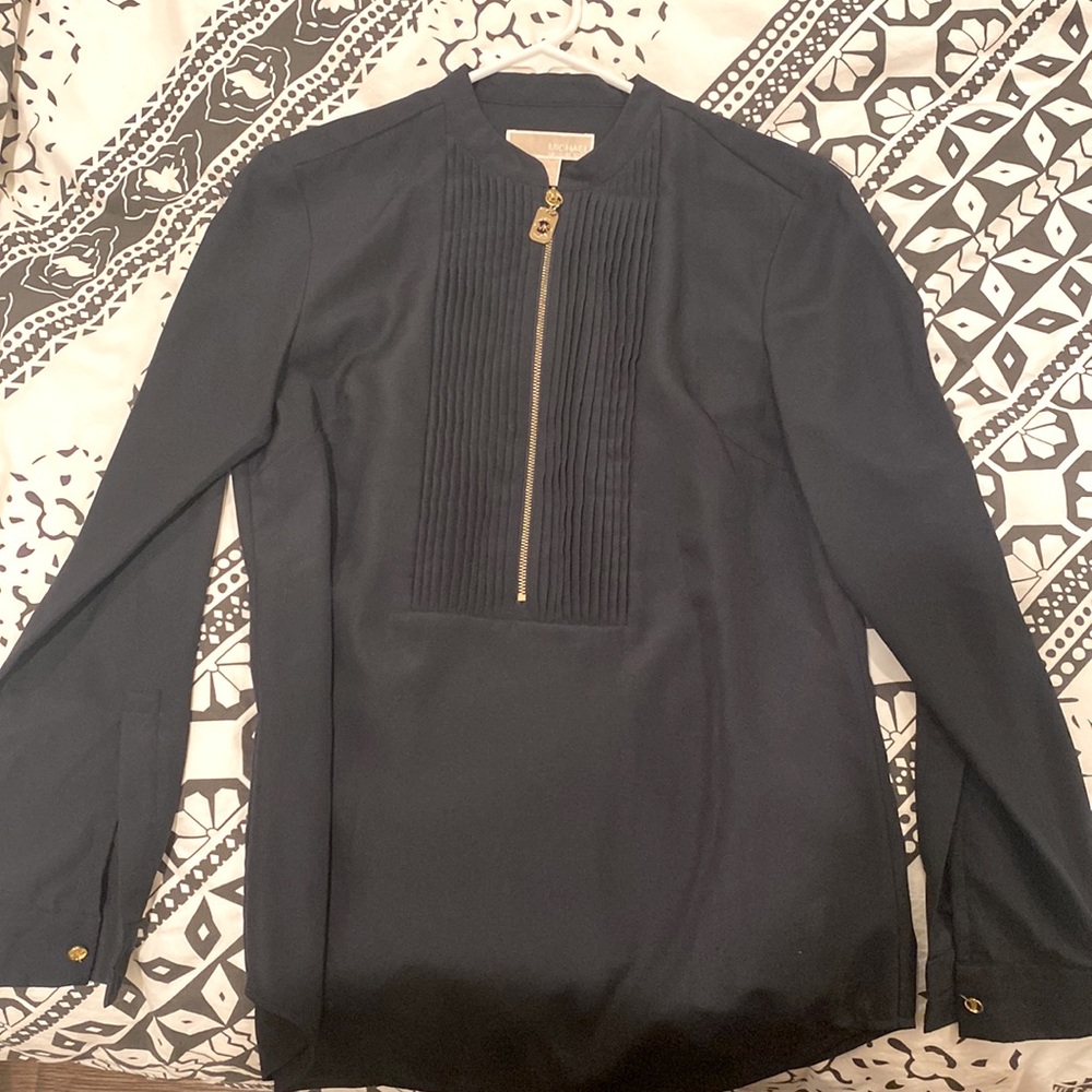 Navy Blue Blouse with Long Sleeves- Gold zipper with MK Logo - Size Small